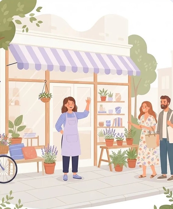 Illustration of a friendly shop owner waving to customers outside her small storefront